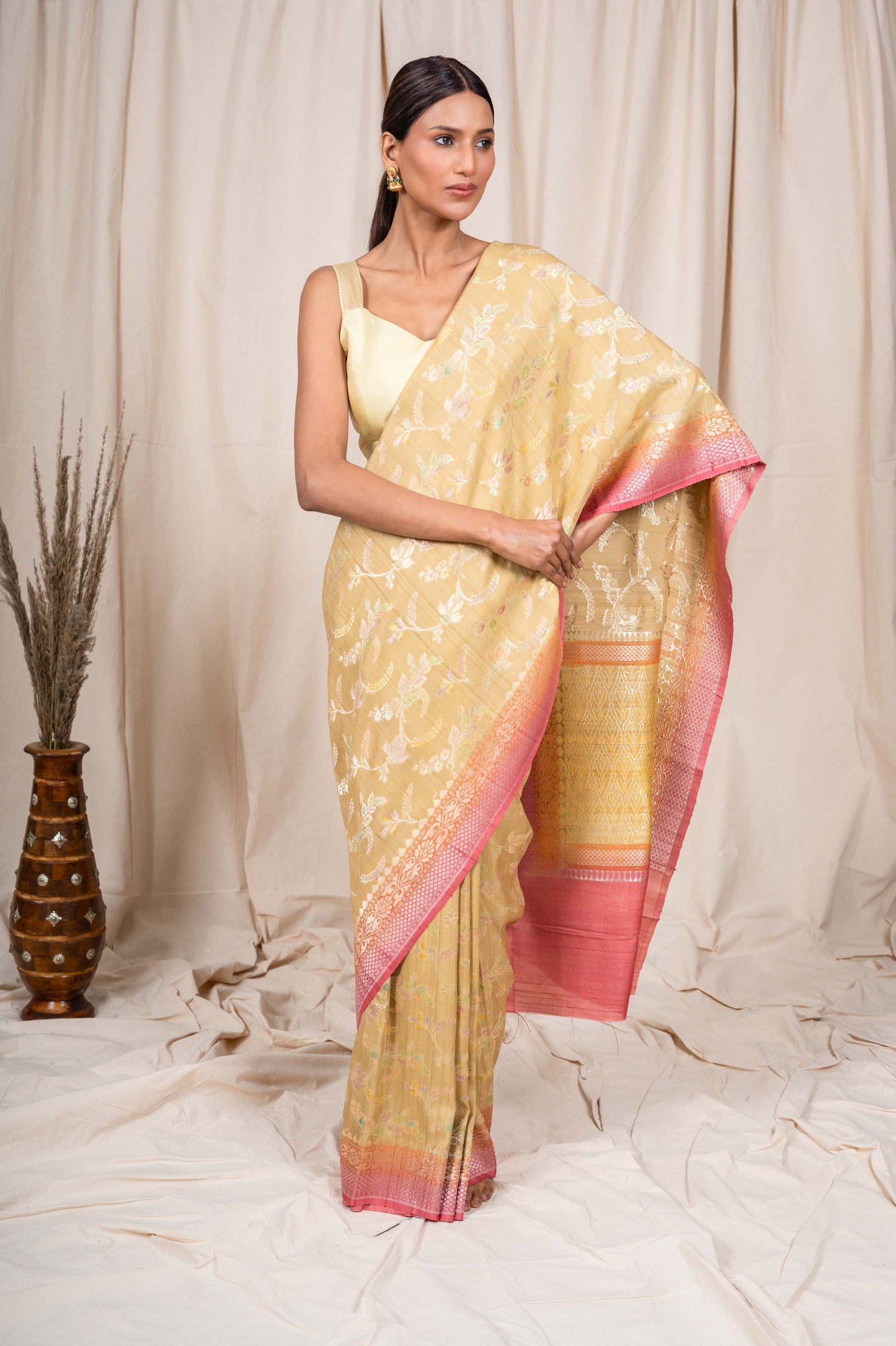 Mustard Gold Tussar Georgette Banarasi Handwoven Saree