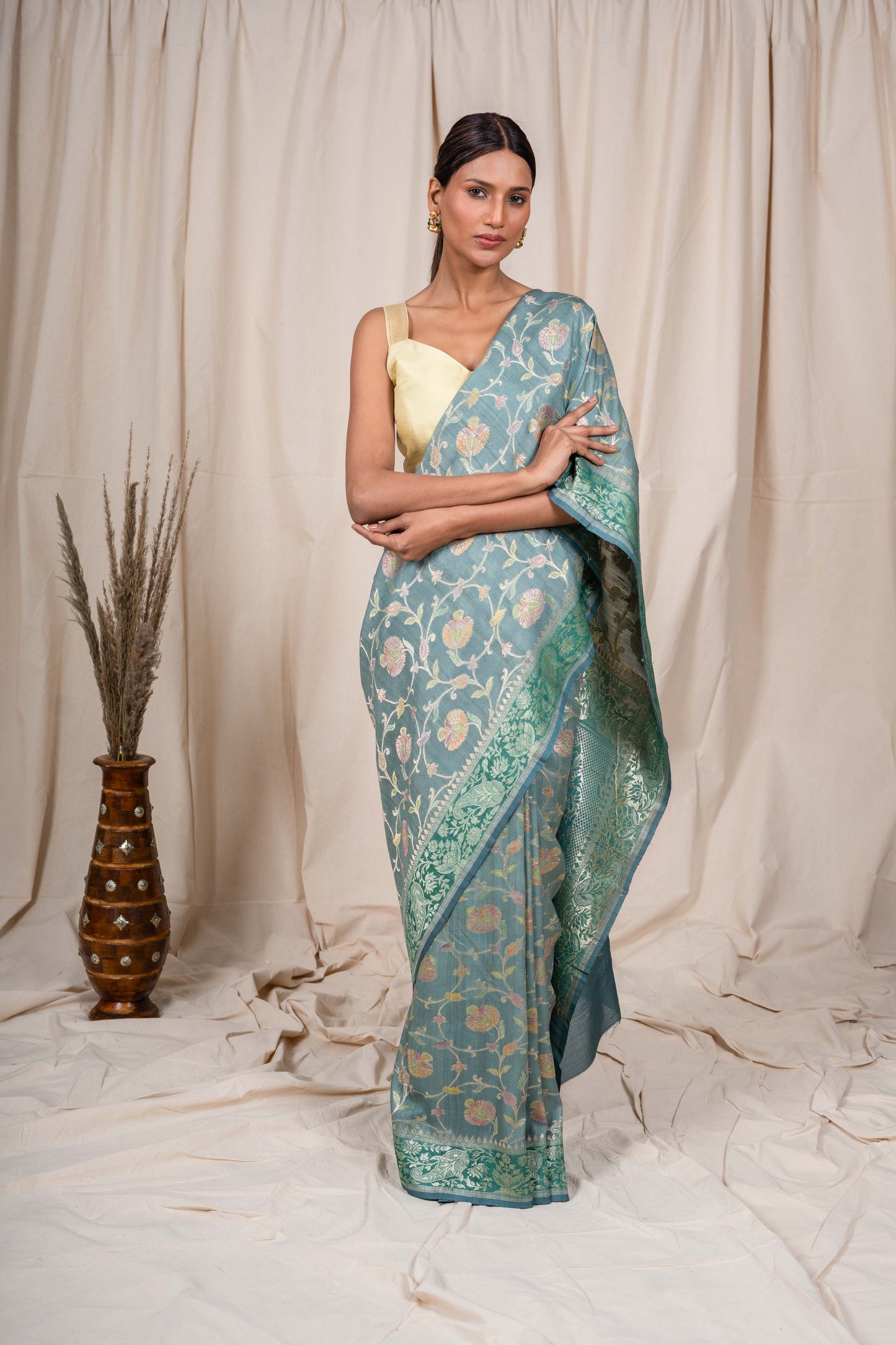 Bluish Grey Tussar Georgette Banarasi Handwoven Saree