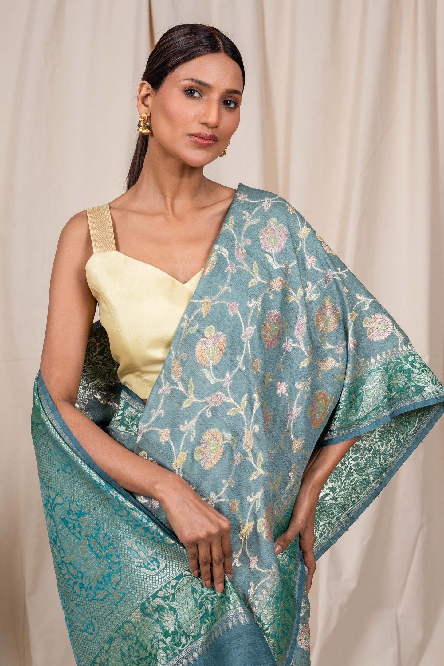 Bluish Grey Tussar Georgette Banarasi Handwoven Saree