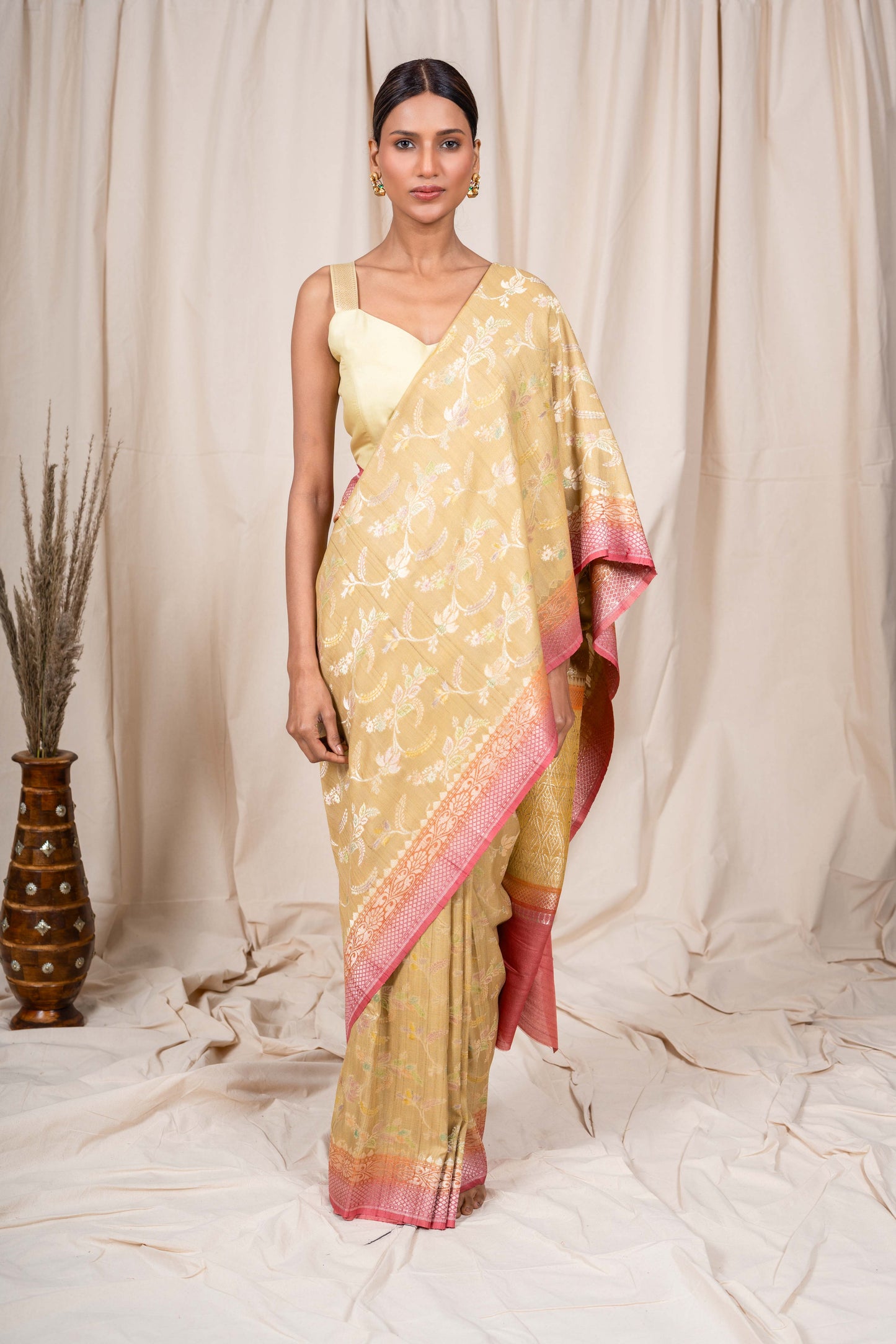 Mustard Gold Tussar Georgette Banarasi Handwoven Saree