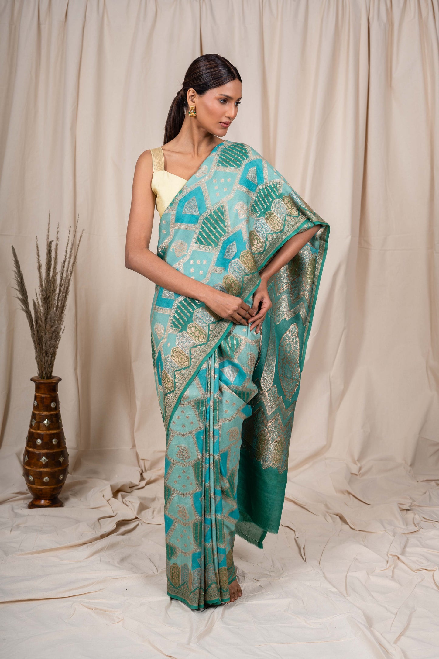 Sea Green Tussar Georgette Banarasi Handwoven Saree