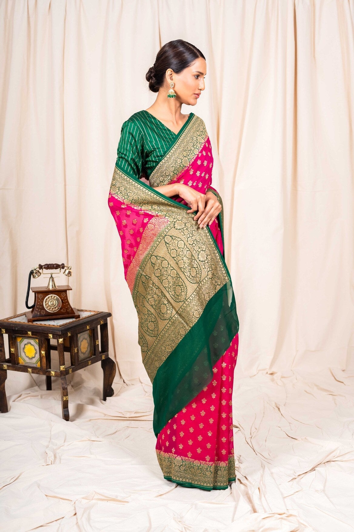 Rani Pink Khaddi Georgette Handwoven Banaras Saree
