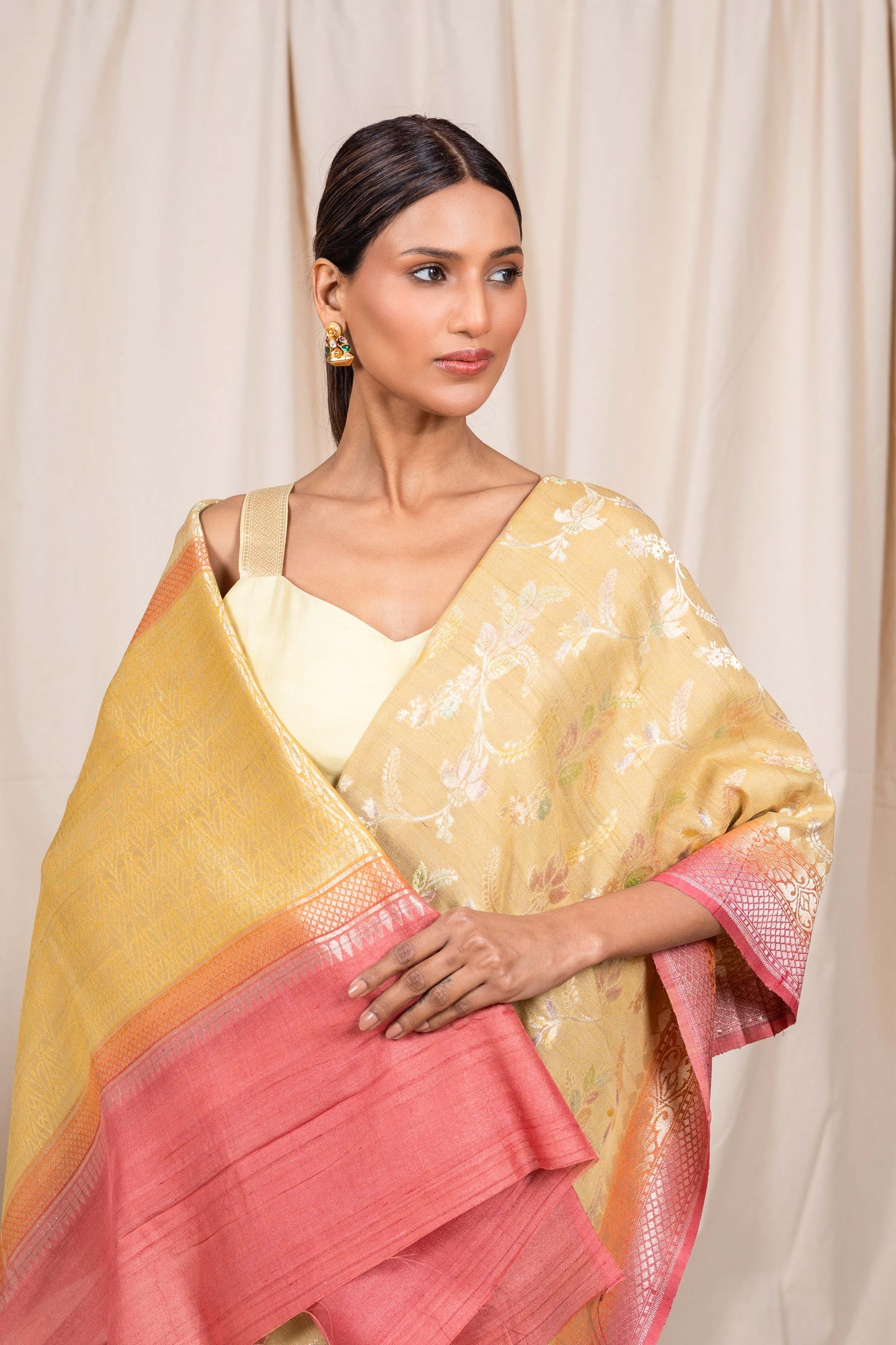 Mustard Gold Tussar Georgette Banarasi Handwoven Saree