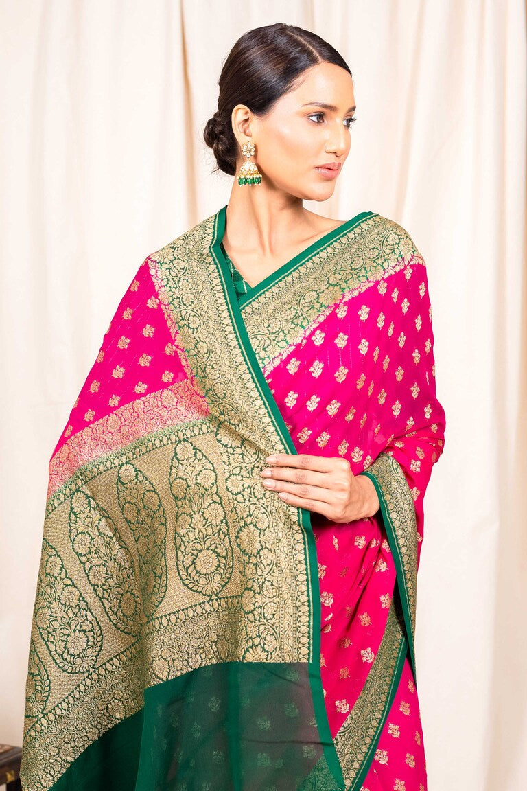 Rani Pink Khaddi Georgette Handwoven Banaras Saree