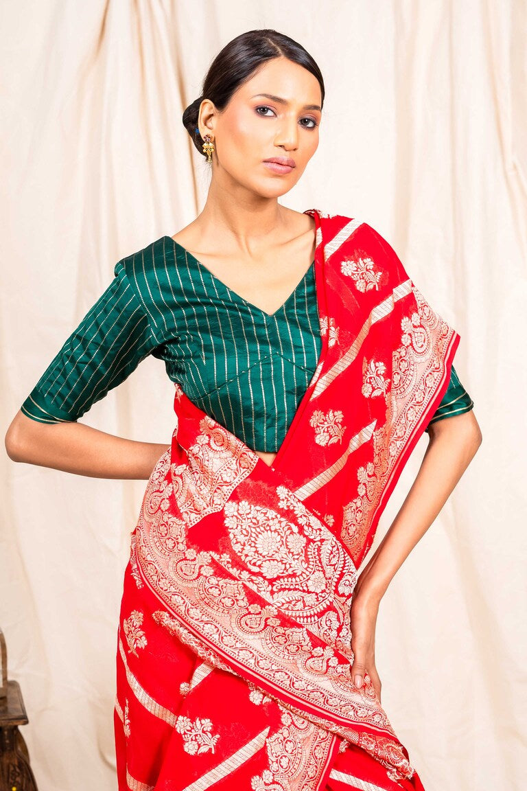 Red Khaddi Georgette Handwoven Banaras Saree