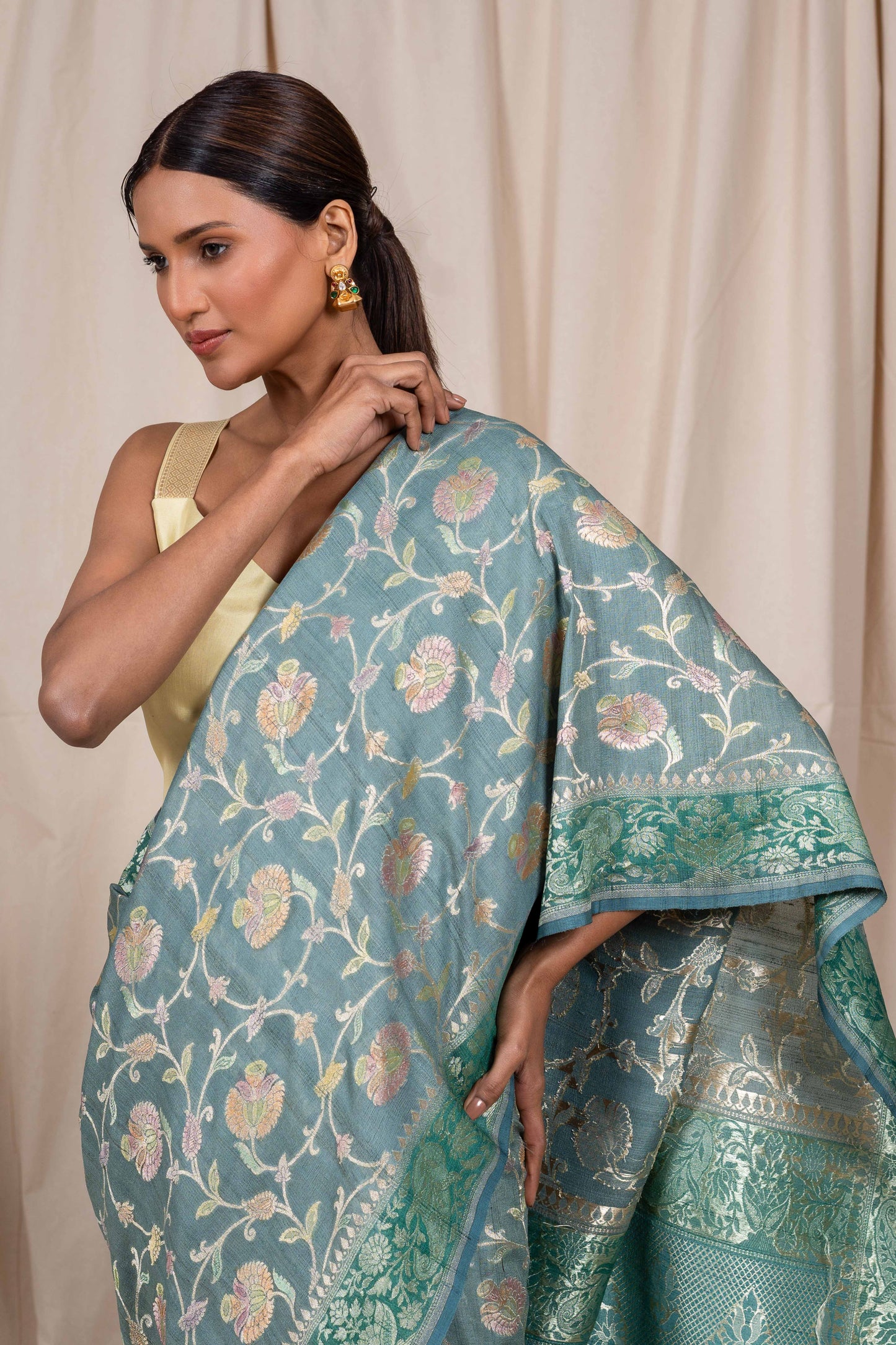 Bluish Grey Tussar Georgette Banarasi Handwoven Saree