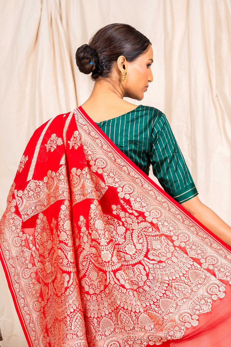 Red Khaddi Georgette Handwoven Banaras Saree