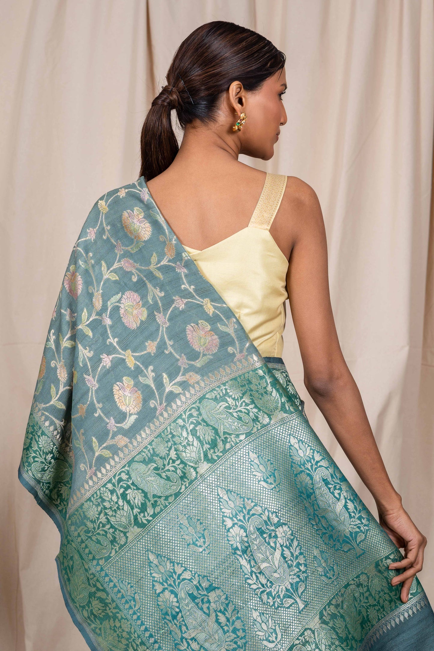 Bluish Grey Tussar Georgette Banarasi Handwoven Saree