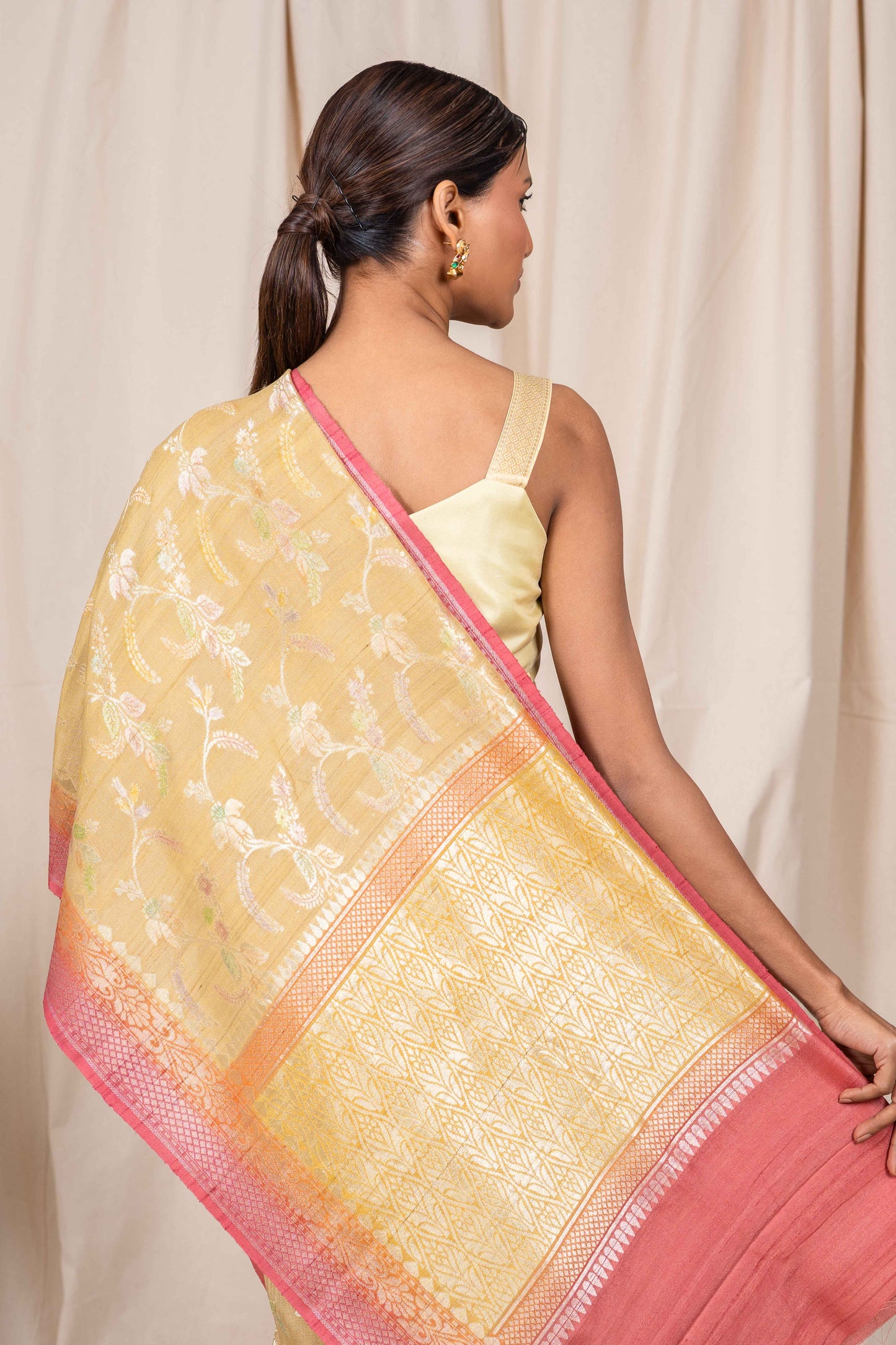 Mustard Gold Tussar Georgette Banarasi Handwoven Saree