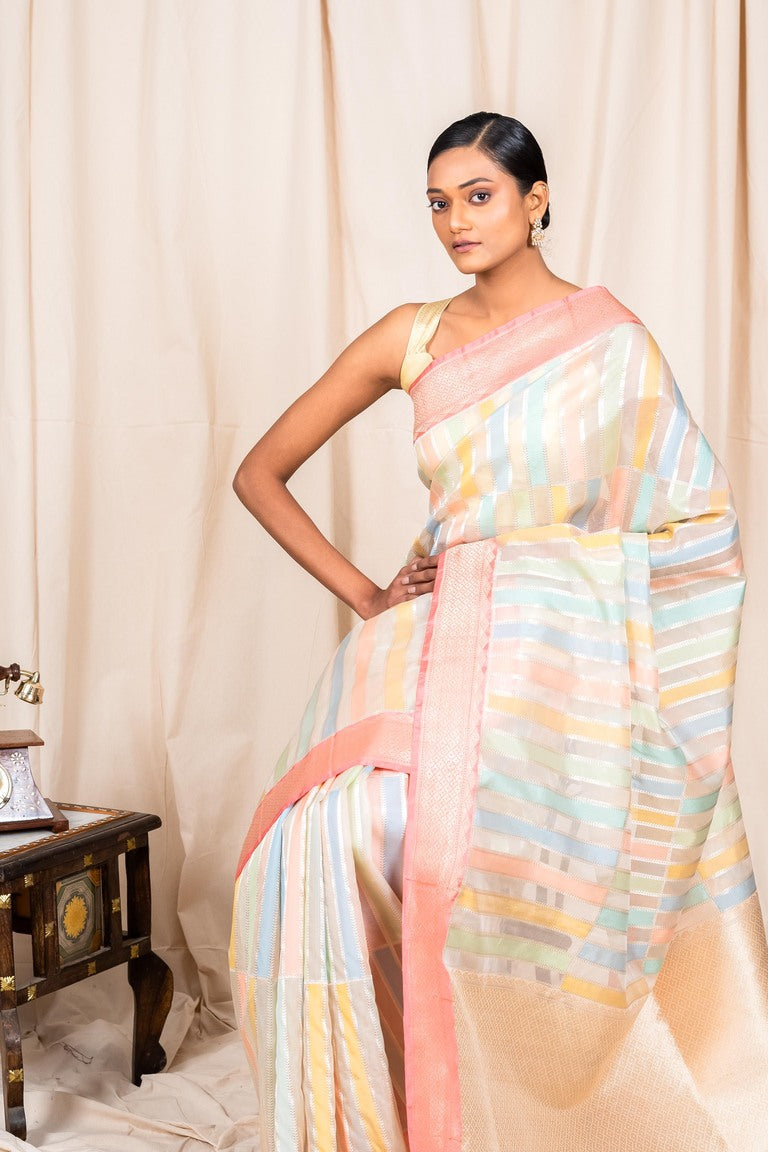 Off White Organza Silk Handwoven Banaras Saree