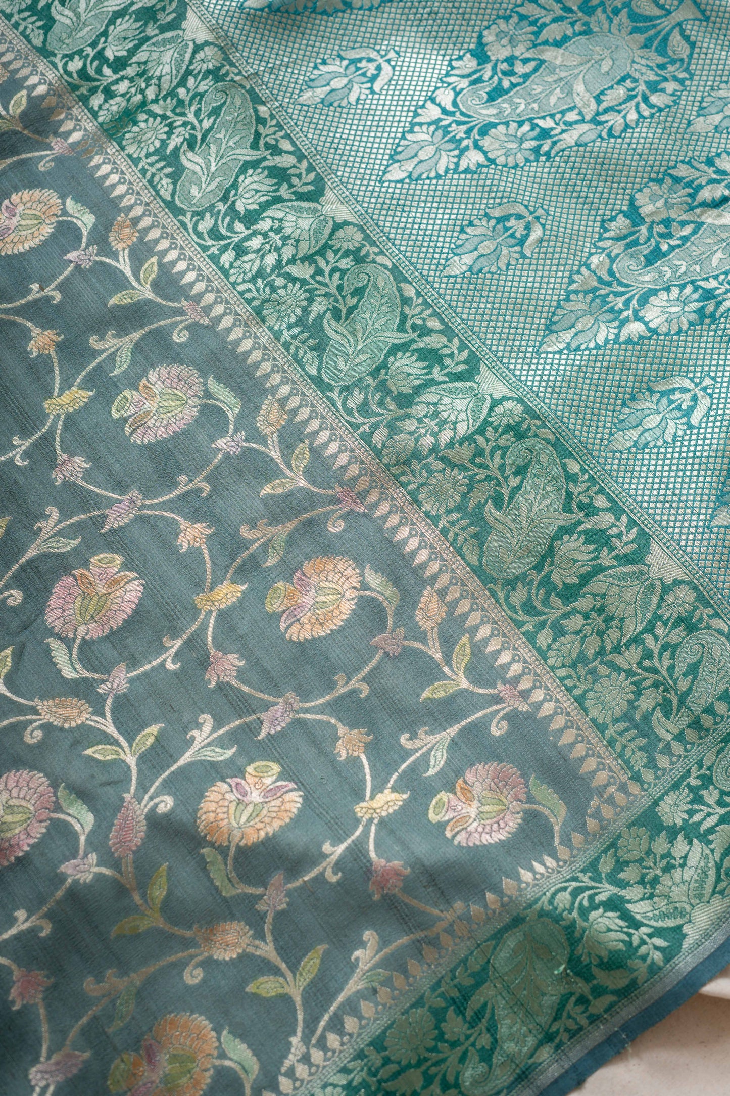Bluish Grey Tussar Georgette Banarasi Handwoven Saree