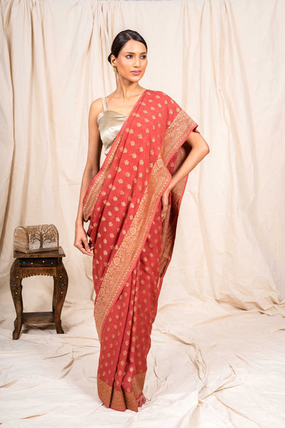 Peach Brown Khaddi Georgette Handwoven Banaras Saree