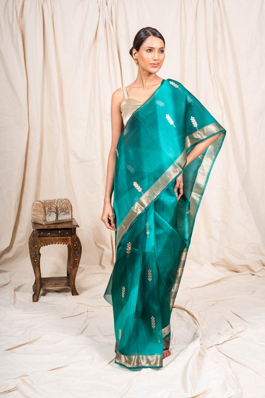 Electric Blue Organza Handwoven Banaras Saree