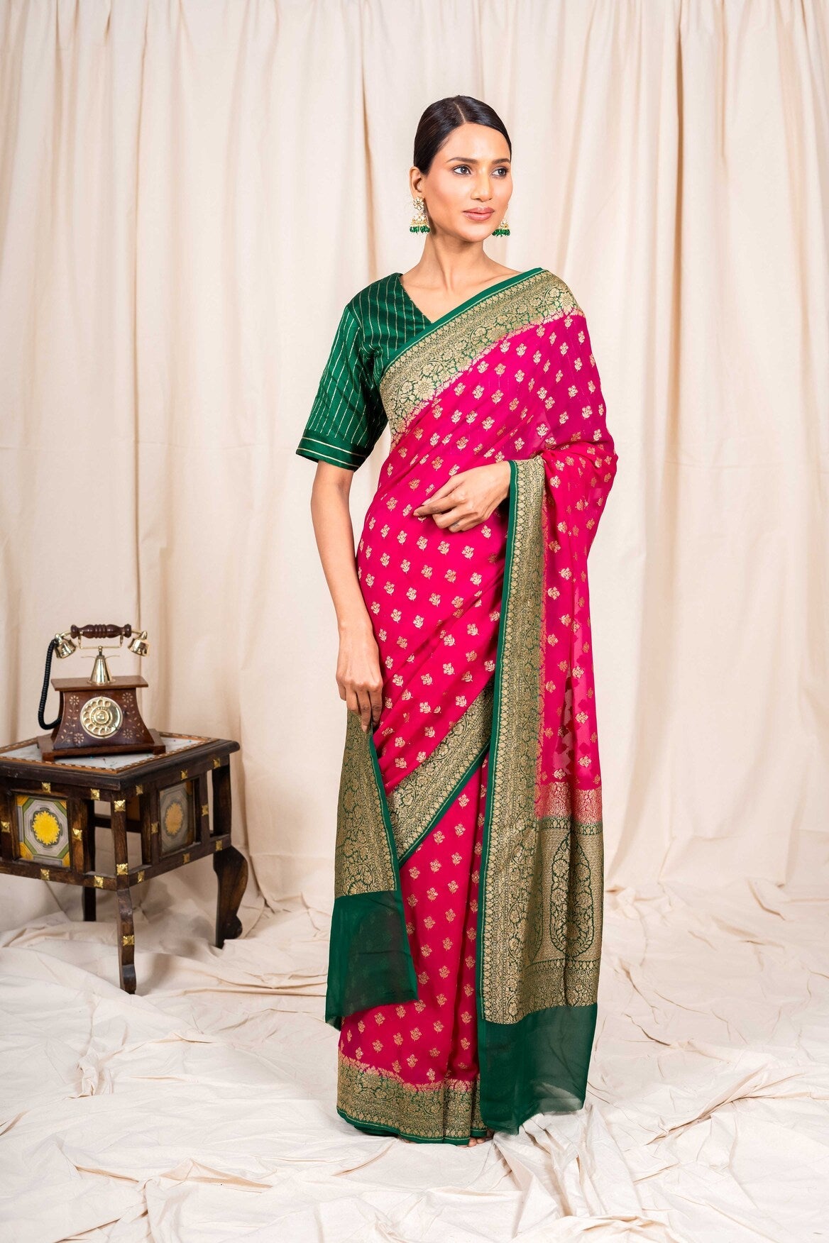 Rani Pink Khaddi Georgette Handwoven Banaras Saree