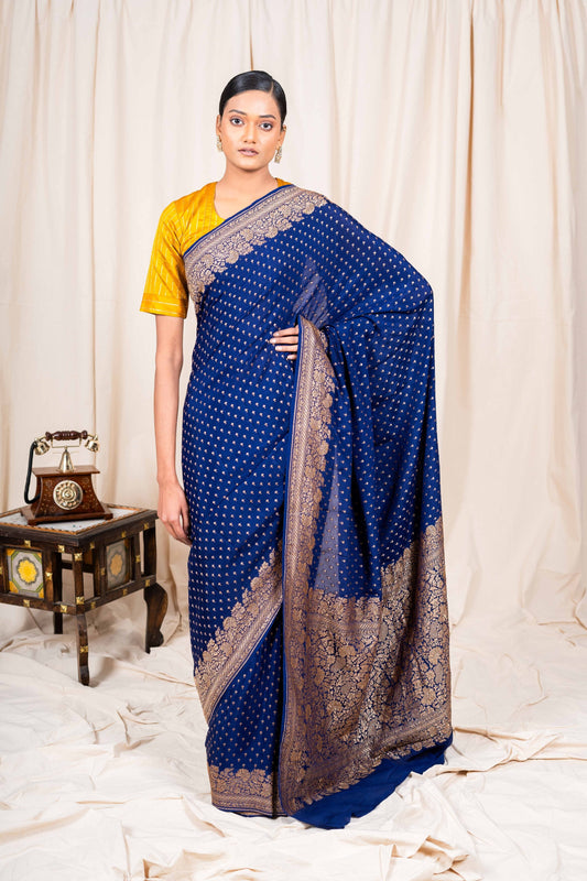 Navy Blue Crepe Silk Handwoven Banarasee Saree