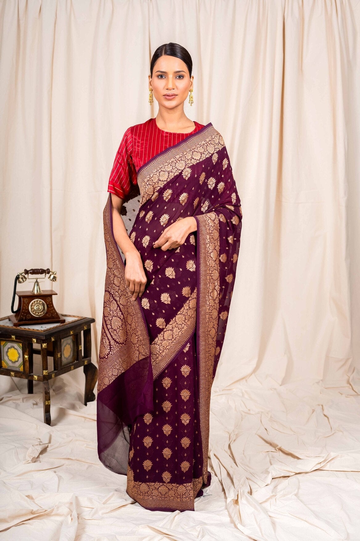 Wine Khaddi Georgette Handwoven Banaras Saree