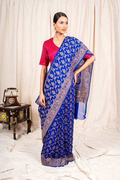 Royal Blue Khaddi Georgette Handwoven Banaras Saree