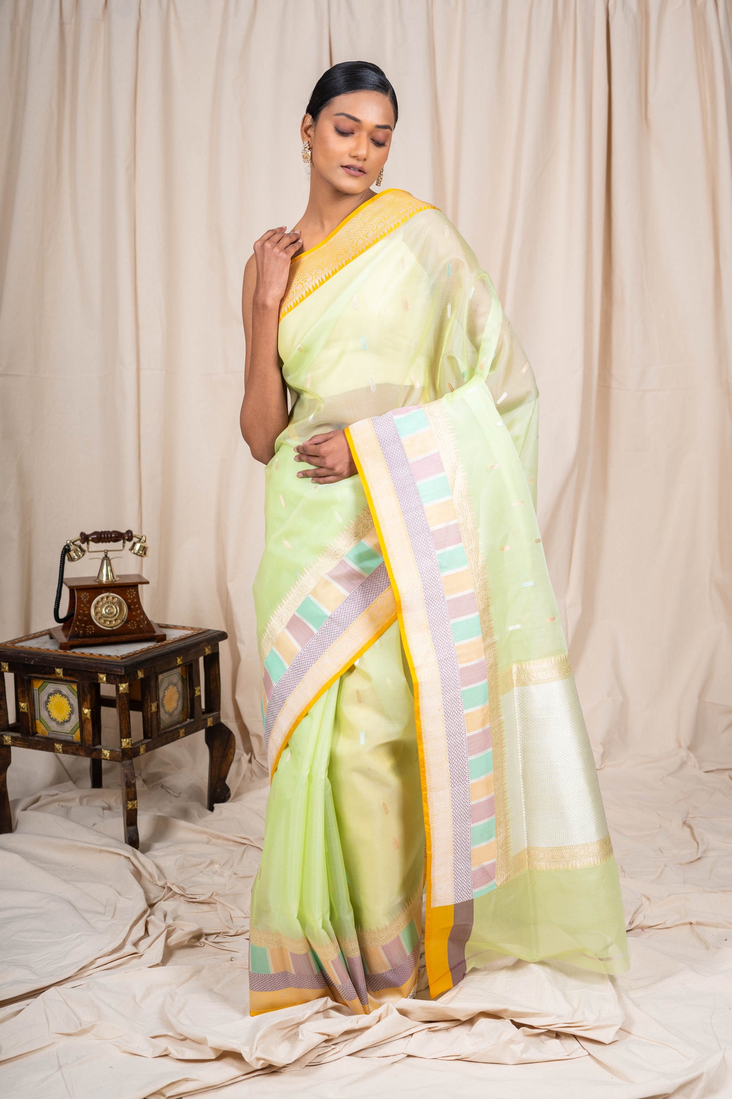 Lime Green Organza Handwoven Banaras Saree