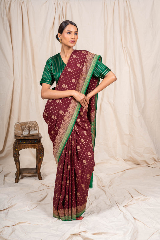 Brown Crepe Silk Banarasi Saree