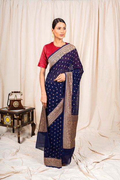 Navy Blue Khaddi Georgette Handwoven Banaras Saree