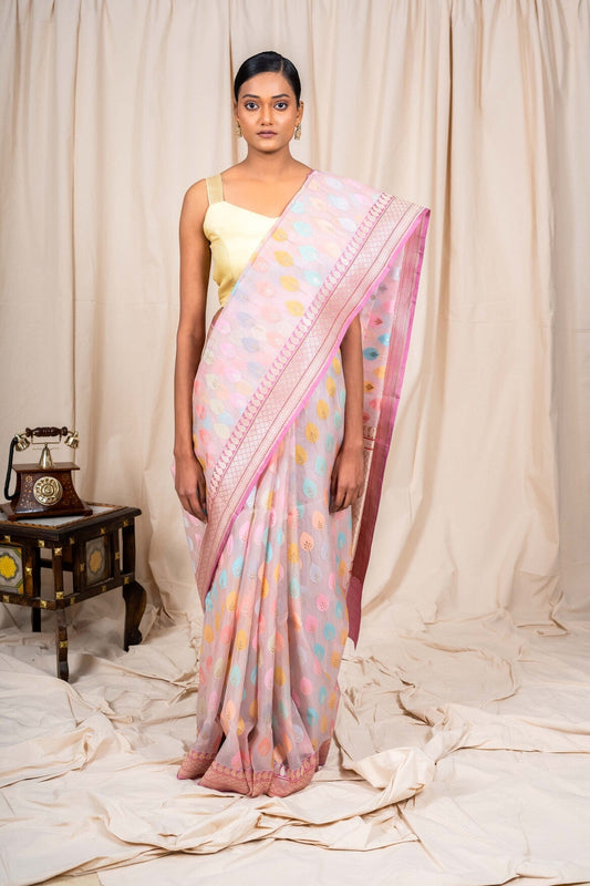 Pink Organza Silk Handwoven Banaras Saree