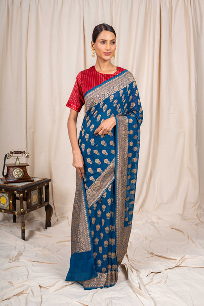 Royal Blue Khaddi Georgette Handwoven Banaras Saree