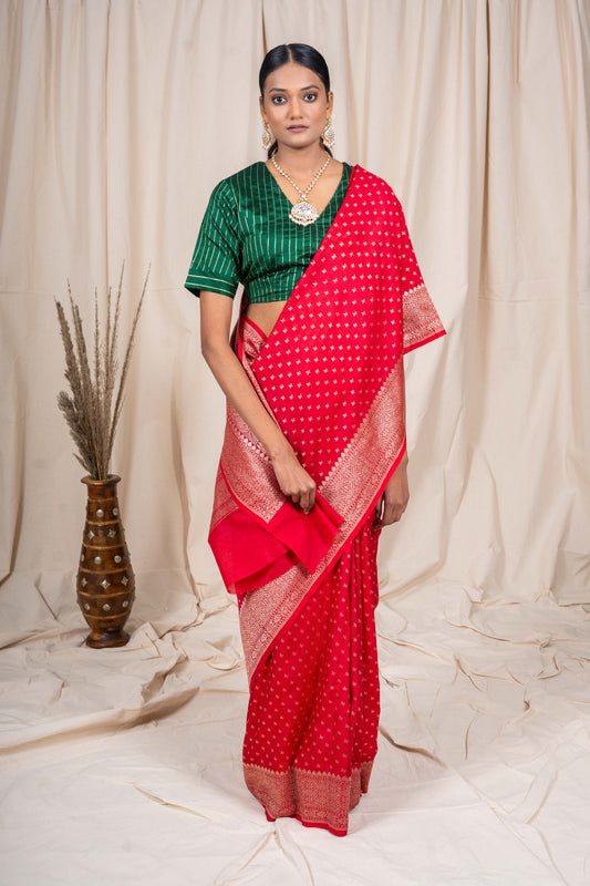 Red Tussar Georgette Banarasi Handwoven Saree