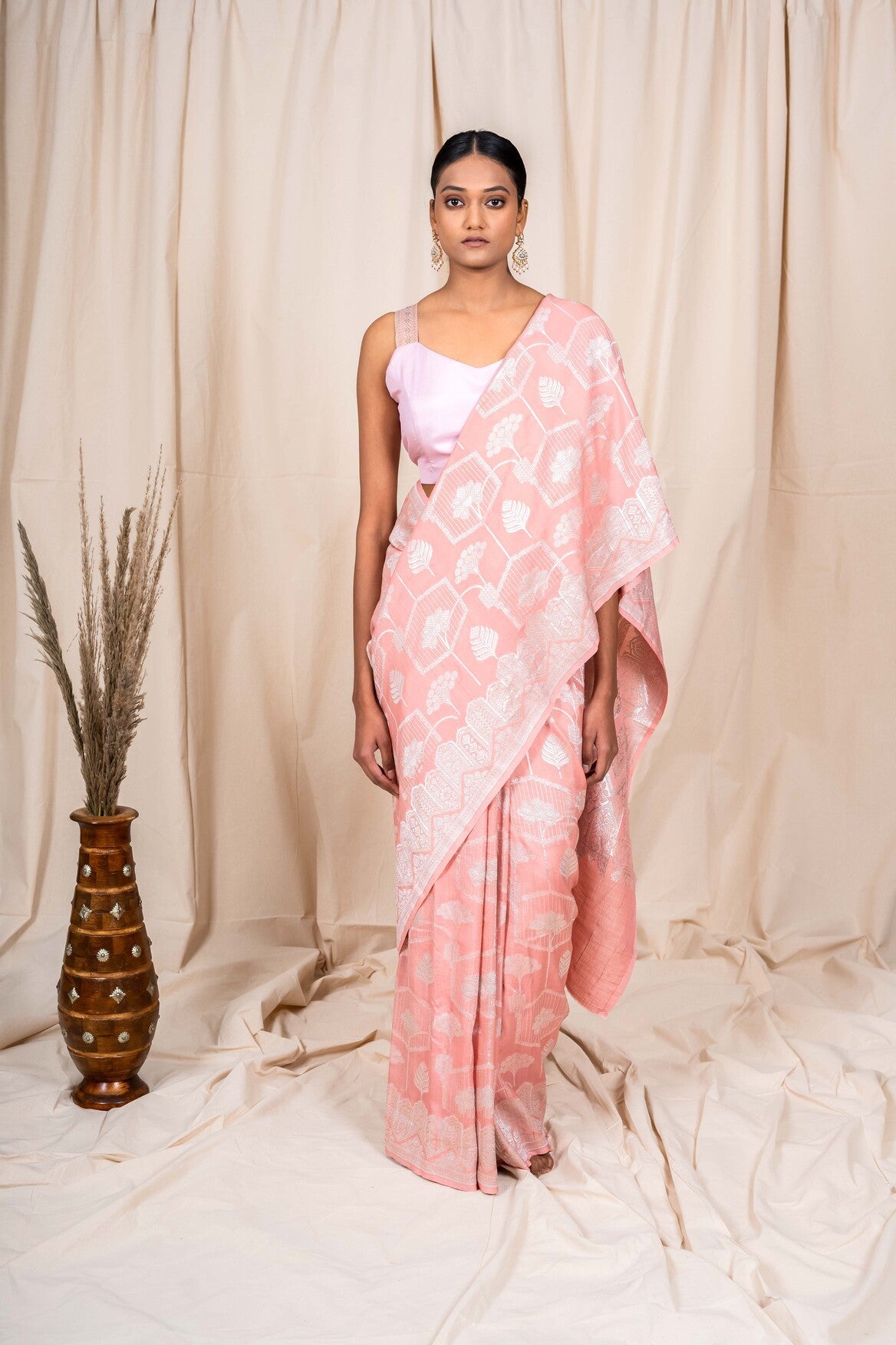 Baby Pink Tussar Georgette Handwoven Banaras Saree