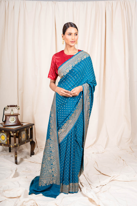 German Blue Banarasee Handwoven Saree