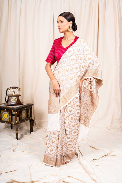 White Khaddi Georgette Handwoven Banaras Saree
