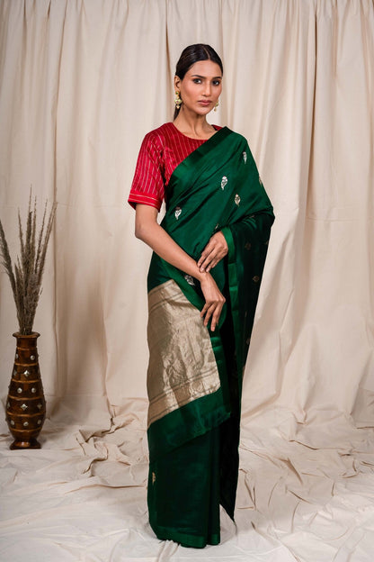 Bottle Green Soft Silk Handwoven Banaras Saree