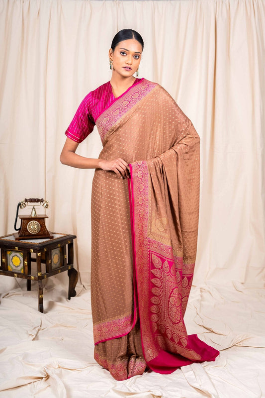 Dusky Chiku Crepe Silk Handwoven Banarasee Saree