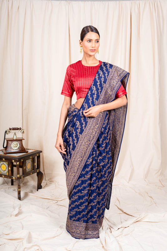 Navy Blue Banarasee Handwoven Saree