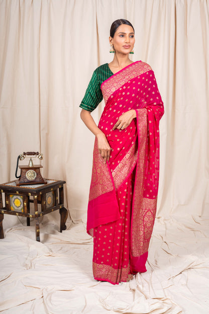 Rani Pink Khaddi Georgette Handwoven Banarasee Saree