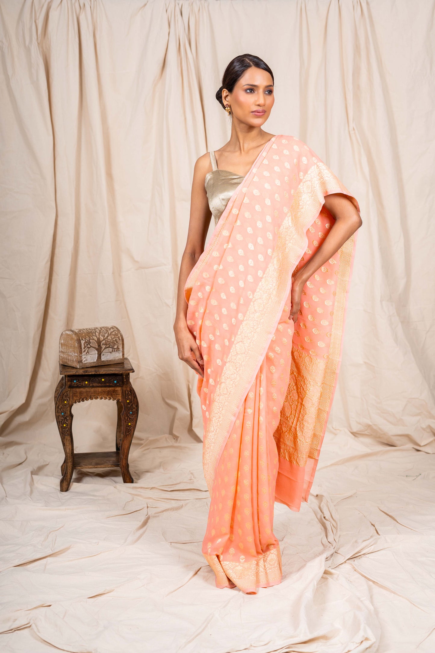 Peach Khaddi Georgette Handwoven Banarasee Saree
