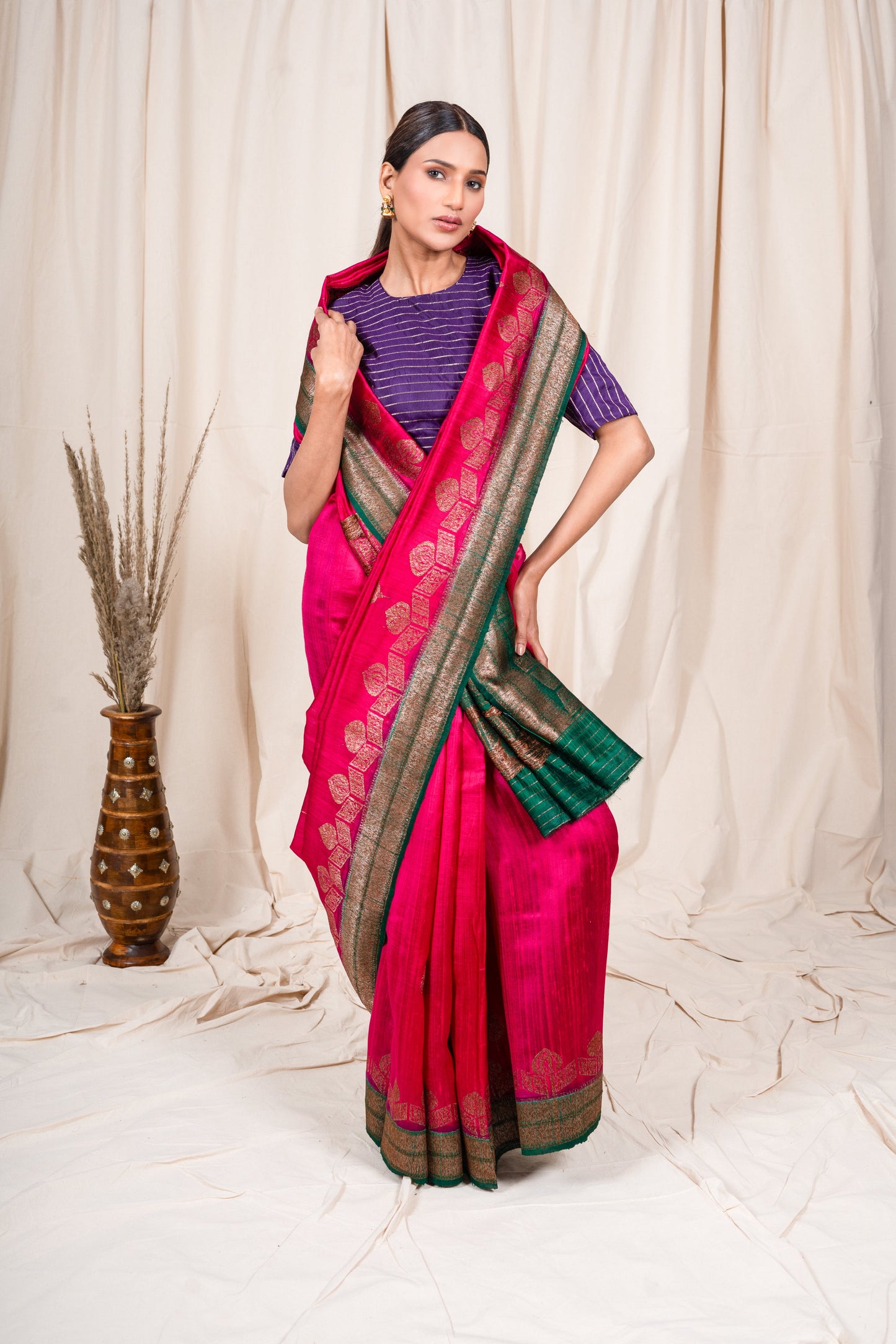 Rani Pink Raw Silk Banarasee Handwoven Saree