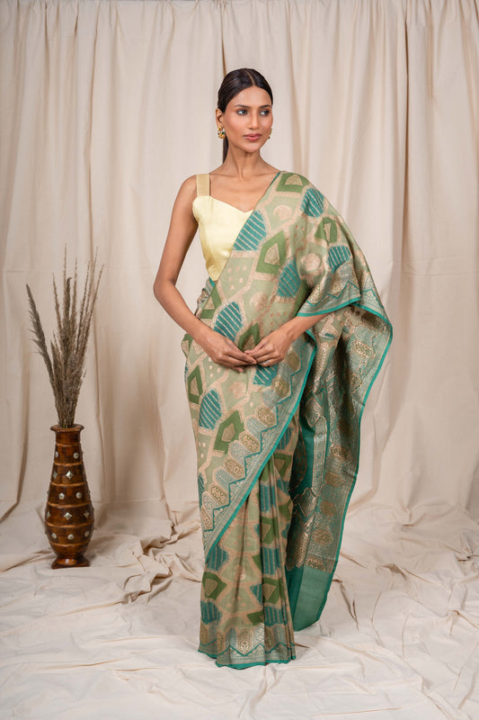 Pista Green Tussar Georgette Banarasi Handwoven Saree
