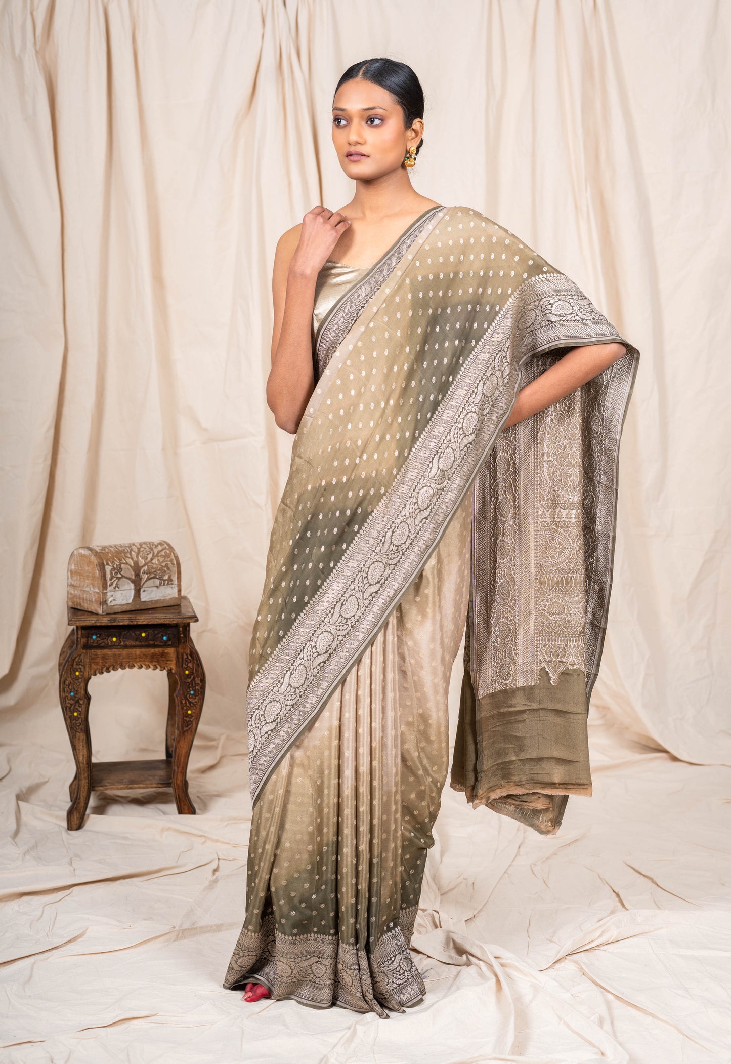 Dusky Chiku Crepe Silk Banarasee Saree