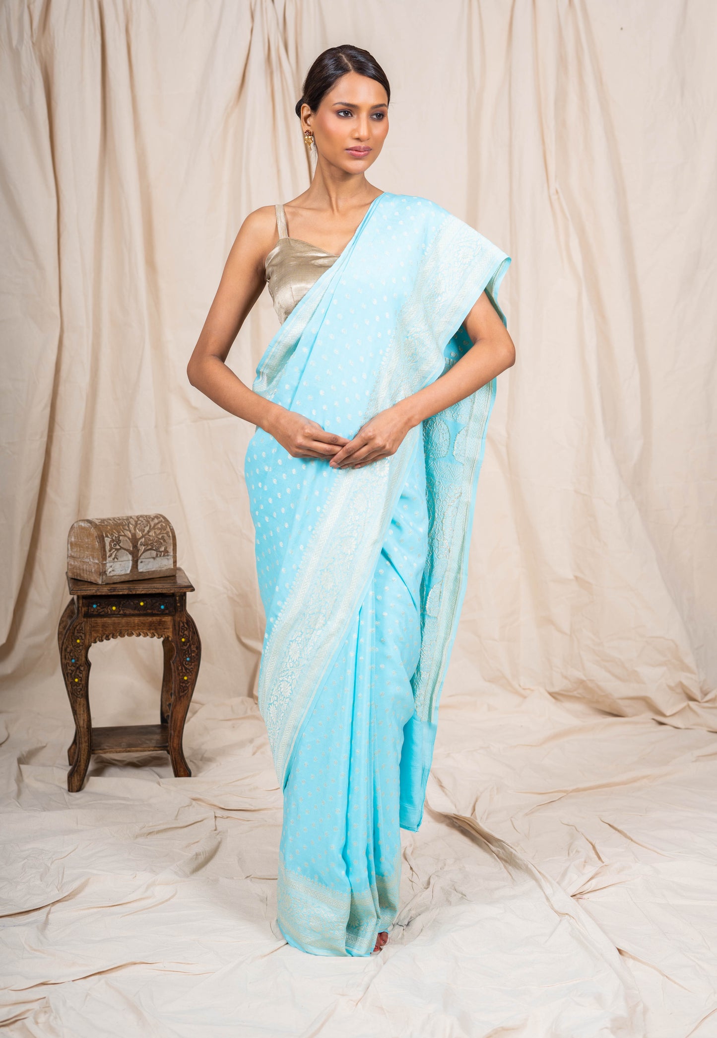 Sky Blue Crepe Silk Banarasee Saree