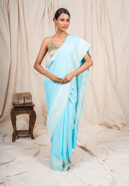 Sky Blue Crepe Silk Banarasee Saree