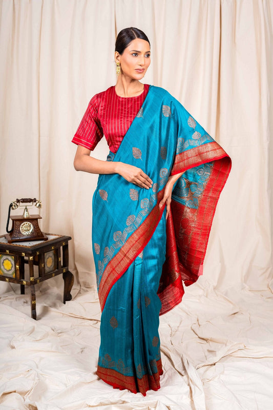 German Blue Tussar Silk Handwoven Banaras Saree