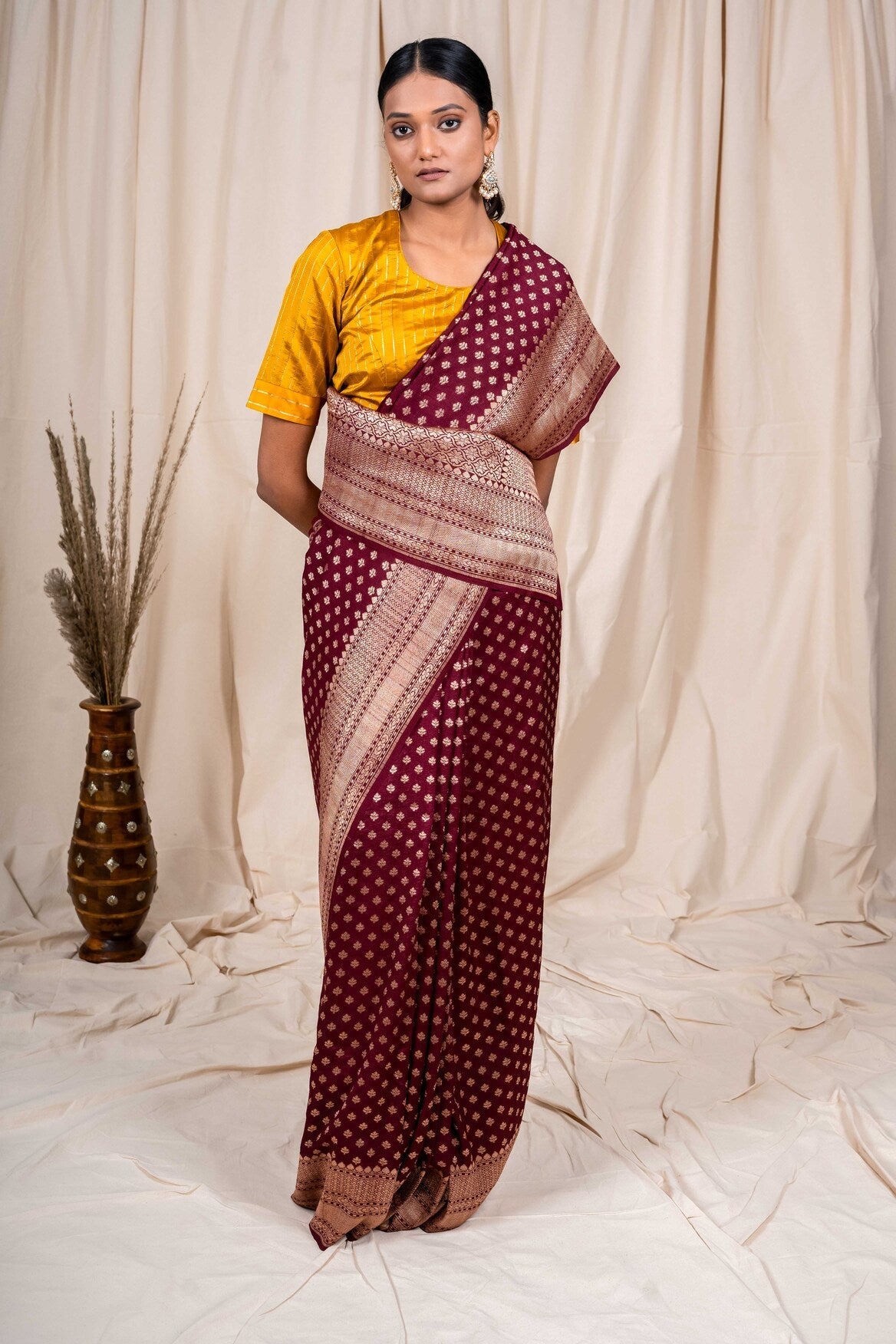 Wine Tussar Georgette Handwoven Banaras Saree