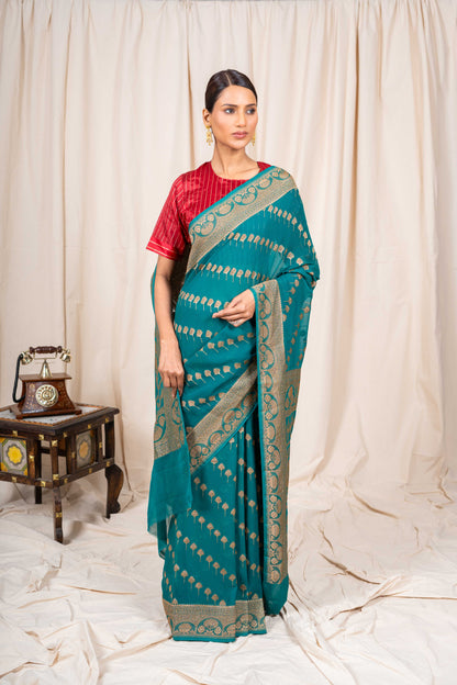 Rama Green Khaddi Georgette Handwoven Banarasee Saree