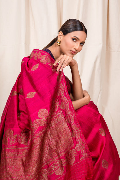 Raani Pink Raw Silk Handwoven Banarasee Saree