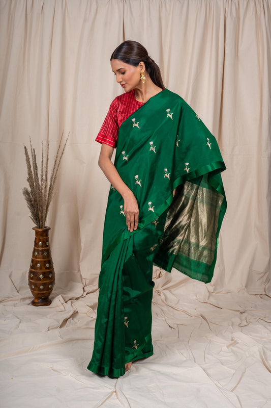 Bottle Green Soft Silk Handwoven Banarasi Saree