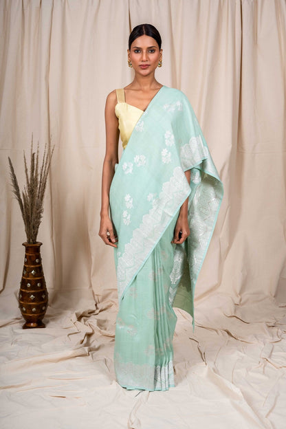 Sky Blue Tussar Georgette Handwoven Banaras Saree