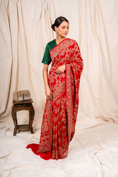 Red Khaddi Georgette Handwoven Banaras Saree