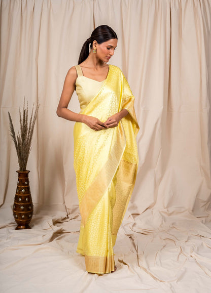Lemon Yellow Mashru Satin Handwoven Banarasee Saree