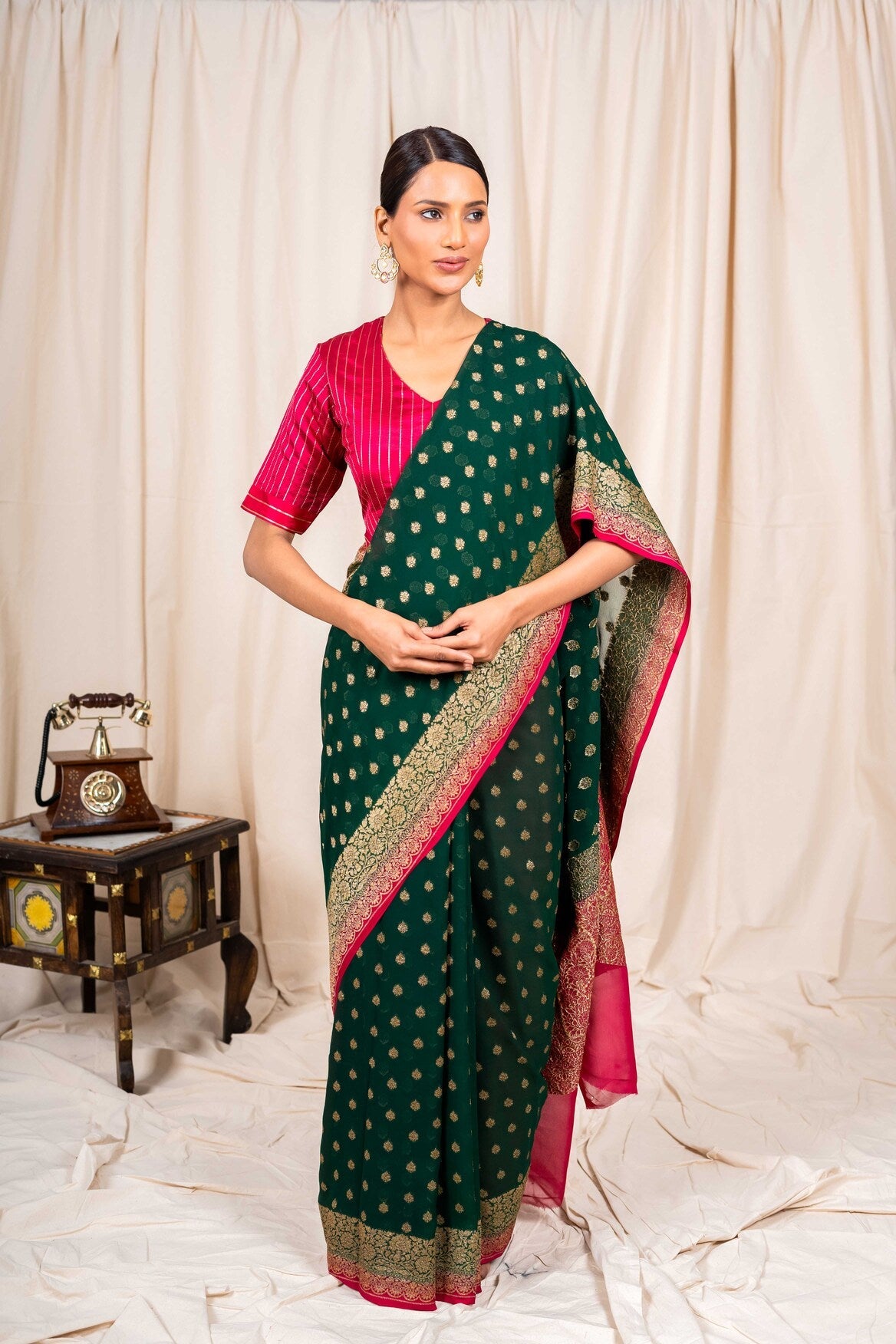 Bottle Green Khaddi Georgette Handwoven Banaras Saree