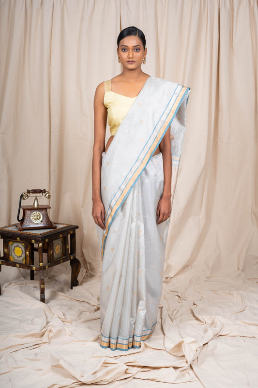 Satin Soft Blue Organza Handwoven Banaras Saree
